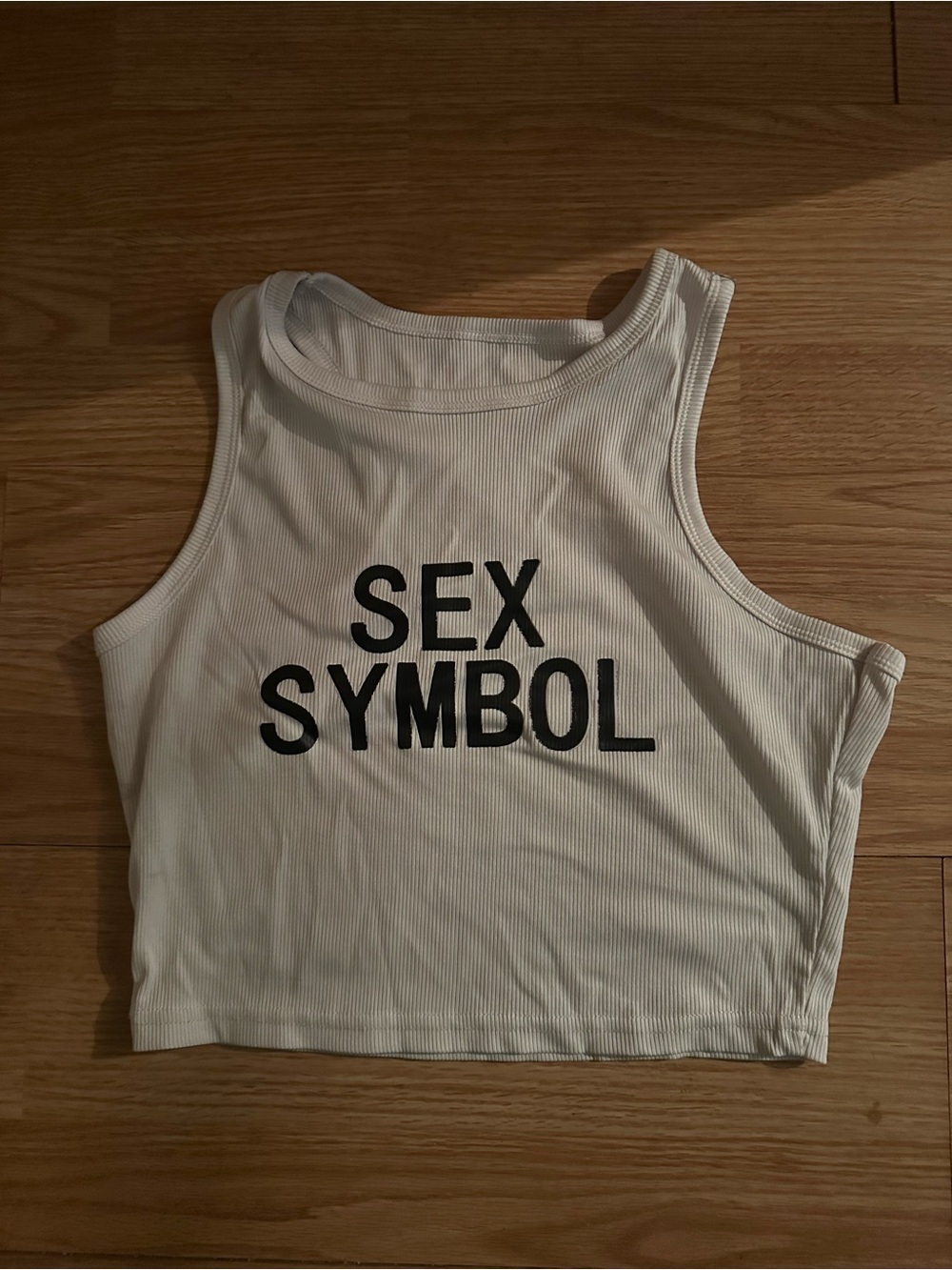 White Ribbed Crop Tank Top with Black 'SEX SYMBOL' Print